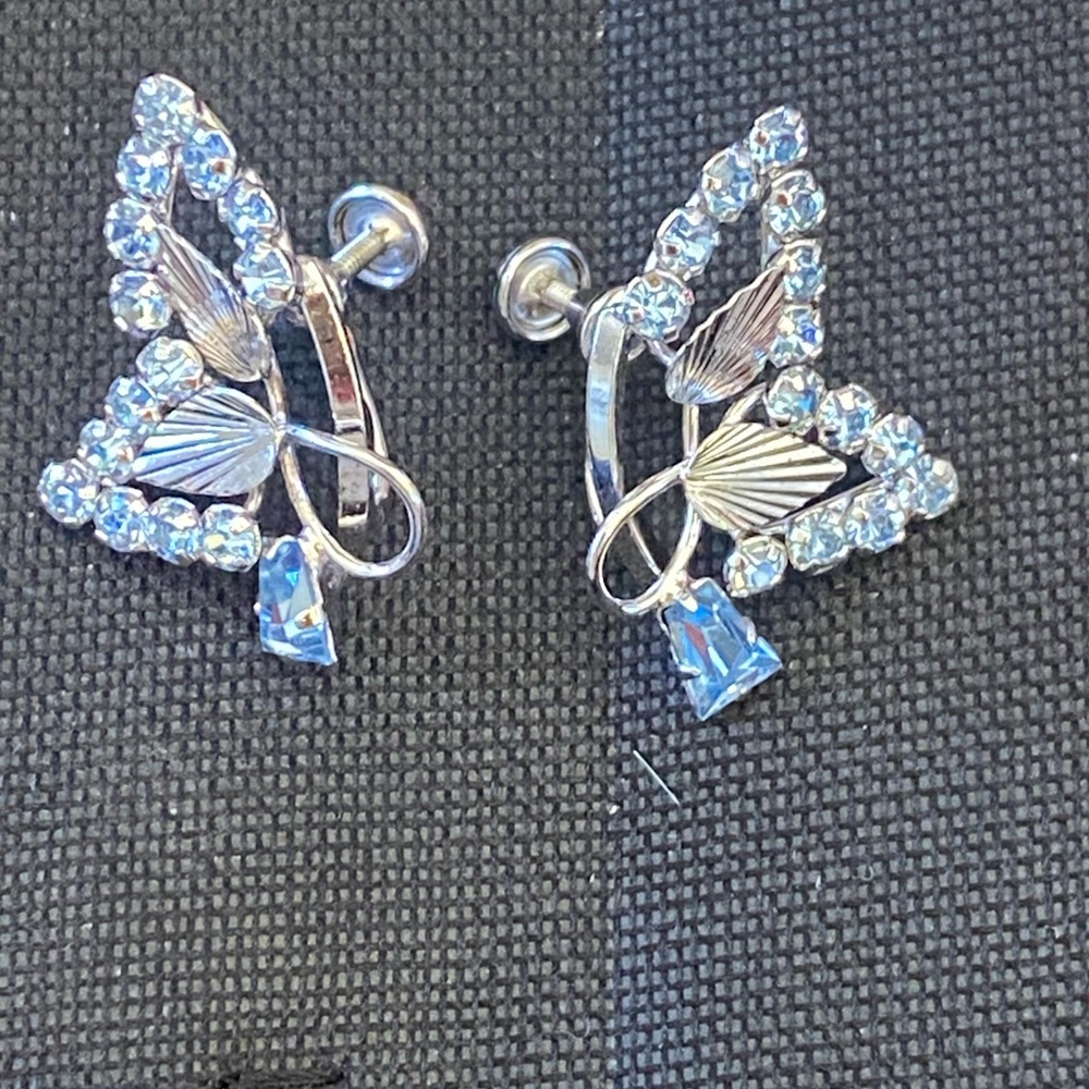 Star Art Sterling Blue White Rhinestone Screwback Earrings Vintage